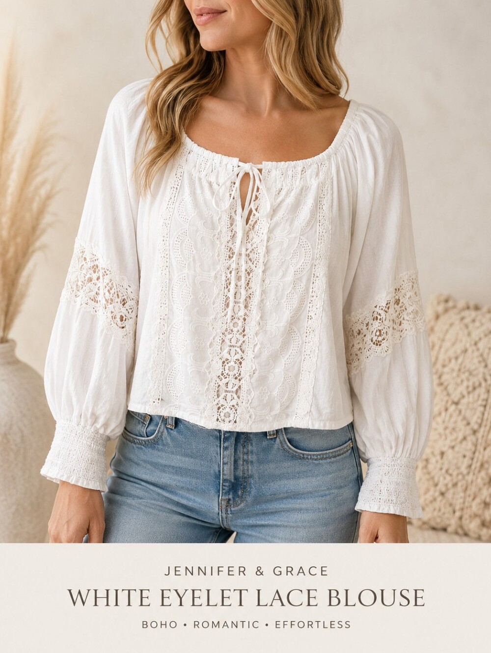 Jennifer & Grace White Eyelet Lace Boho Peasant Blouse Top M - Picture 16 of 16
